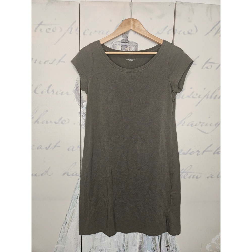 Eileen Fisher Olive Green Organic Cotton Stretch Scoop Neck T-Shirt Dress XS